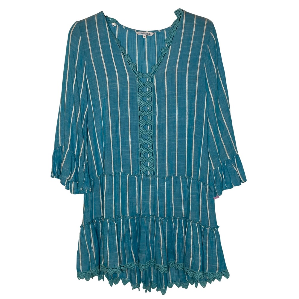 Blue Island Ruffle Tiered Striped Embroidered Tunic Swim Cover Sz SM Resort